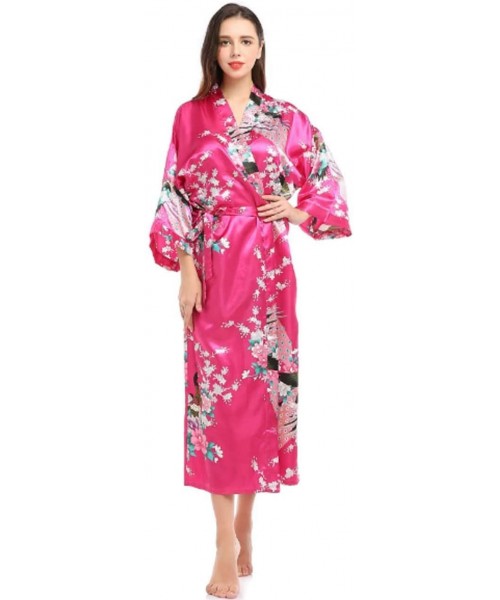 Robes Women's Home Robe Long Nightgown Ladies Silk Kimono Robe Strappy Nightdress Bathrobe Nightwear V-Neck Sleepwear Peacock...