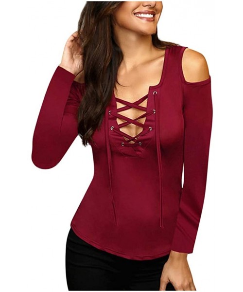 Baby Dolls & Chemises Women Strap Blouse Sexy Lace Up V-Neck Off Shoulder Long Sleeve Shirt Tops Tunics - Wine Red - CL193GN7UN8
