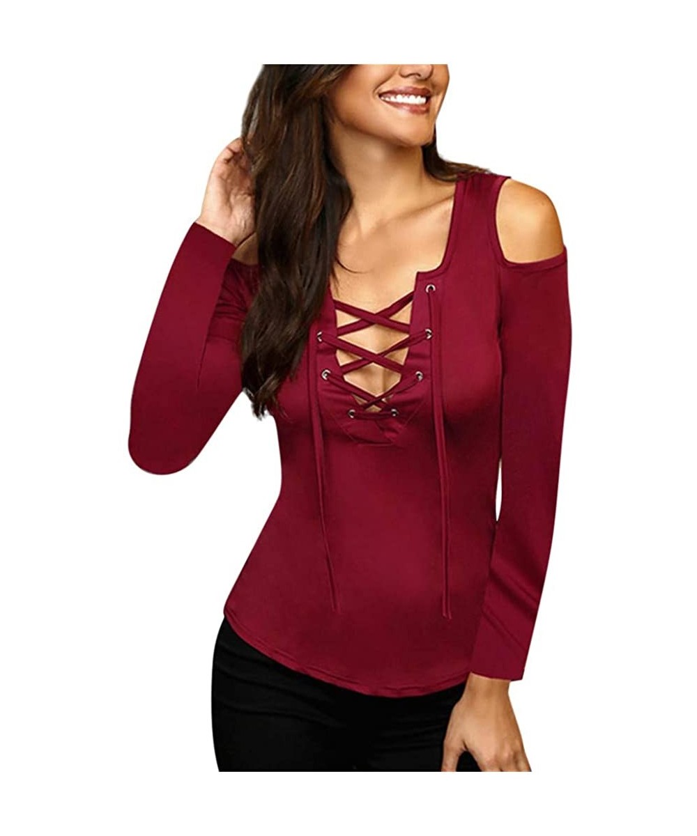 Baby Dolls & Chemises Women Strap Blouse Sexy Lace Up V-Neck Off Shoulder Long Sleeve Shirt Tops Tunics - Wine Red - CL193GN7UN8