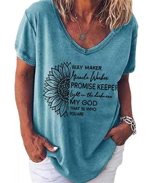 Sets Sunflower Short Sleeve T Shirt Waymaker Tee Women Causal V Neck Loose Tops Blouse - Blue - C419832KQHH