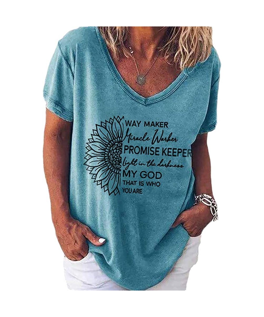 Sets Sunflower Short Sleeve T Shirt Waymaker Tee Women Causal V Neck Loose Tops Blouse - Blue - C419832KQHH