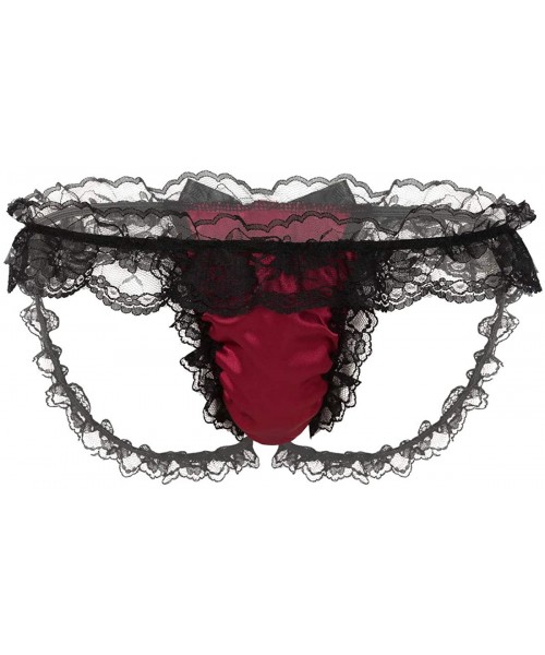 G-Strings & Thongs Men's Satin Frilly Ruffled Lace Bikini Briefs Sissy Crossdressing Bulge Pouch Underwear - Burgundy - CT19D...