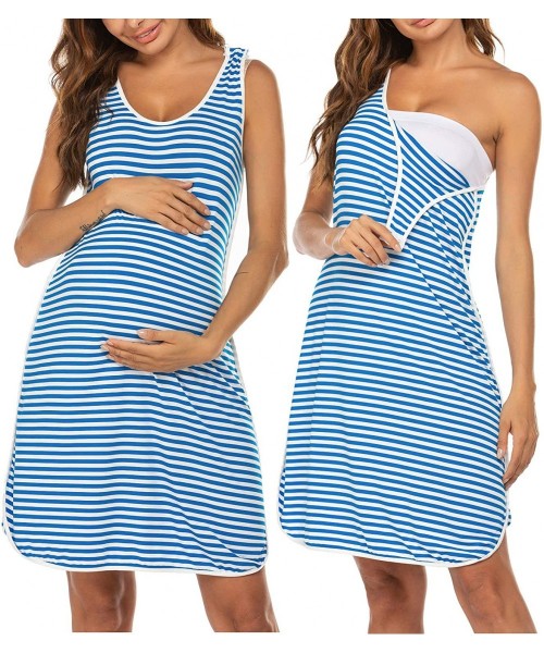 Nightgowns & Sleepshirts Women's Maternity Sleeveless Dress Striped Nightgown Pregnancy Gown for Breastfeeding - Sky Blue - C...