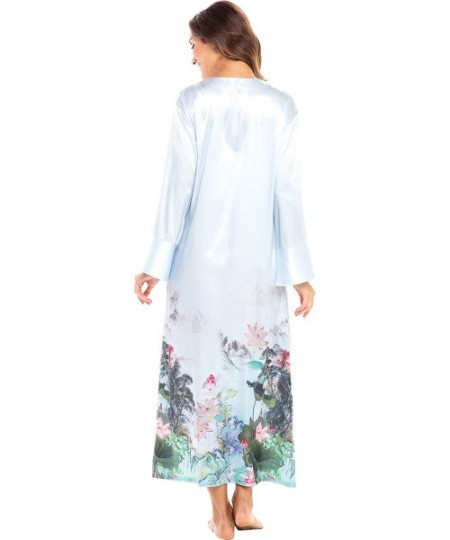 Nightgowns & Sleepshirts Women's Long Satin Caftan Sleep Shirt - Light Blue Garden - C818ZI2DQAS