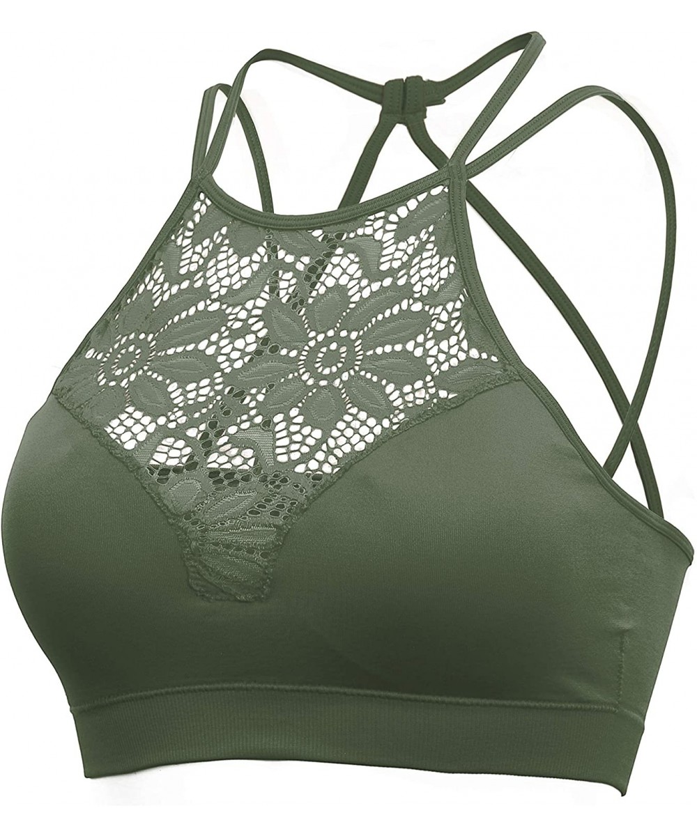 Bras Womens Every Day High Neck Lace Halter Cutout Bralette with Bra Pads Back Strap - Nh9166-army Green - CG1949G5Z3K
