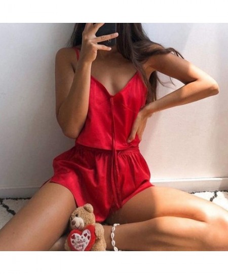 Sets Women Clothing 2020-Fashion Women Sexy Solid Sleeveless Nightwear Tops Shorts Sleepwear Sets Daily Clothing - Red - CX19...