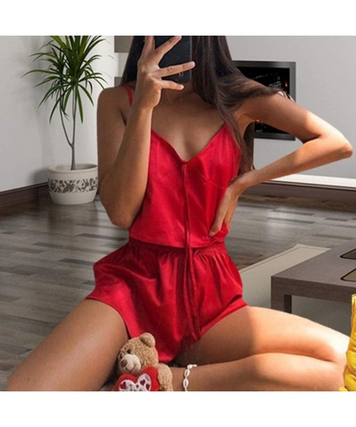 Sets Women Clothing 2020-Fashion Women Sexy Solid Sleeveless Nightwear Tops Shorts Sleepwear Sets Daily Clothing - Red - CX19...