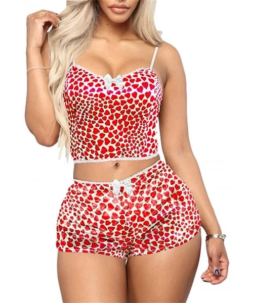 Sets Women Lingerie Sexy Sets Velvet Shorts Cute 2 Piece Tie Dye Outfits Spaghetti Strap Crop Top + Shorts Set Red Heart - CH...