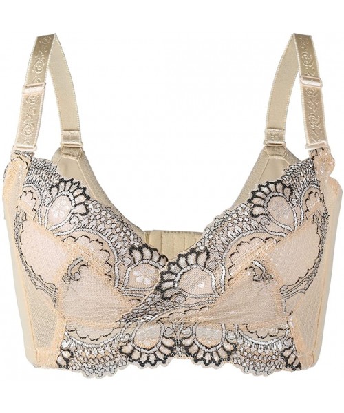 Bras Women Sexy Floral Lace Front Scalloped Thin Cup No Side Effect Wireless Bra - Beige - CS1885KNNQ2