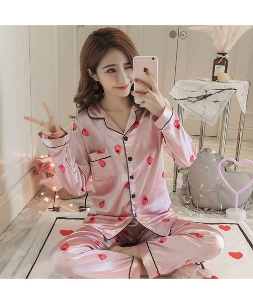 Sets Womens Satin Pajamas Pajamas Sets 2 Piece Long Sleeve Button Down Pj Set Sleepwear Loungewear Pink Strawberry - CI18LK8QKGD