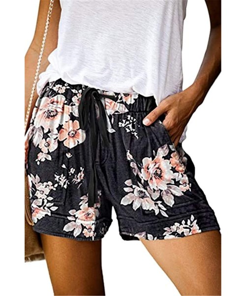 Bottoms Women's Casual Shorts Summer Drawstring Elastic Waist Comfy Short with Pockets - C Black Floral - CT19COA85HS