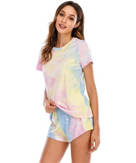 Sets Women's Summer Tie Dye Casual Outfits Round Neck Short Sleeve 2 Piece Shorts Pajama Set - Blue - CO199MYD98M