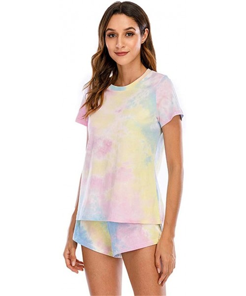 Sets Women's Summer Tie Dye Casual Outfits Round Neck Short Sleeve 2 Piece Shorts Pajama Set - Blue - CO199MYD98M
