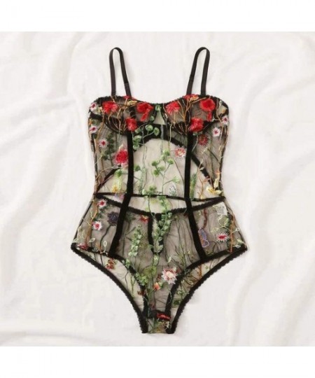 Bustiers & Corsets Sexy Lingerie Women Hollow Bodysuit Floral Embroidered Backless Jumpsuit Sleepwear - Black - C71968E27ID
