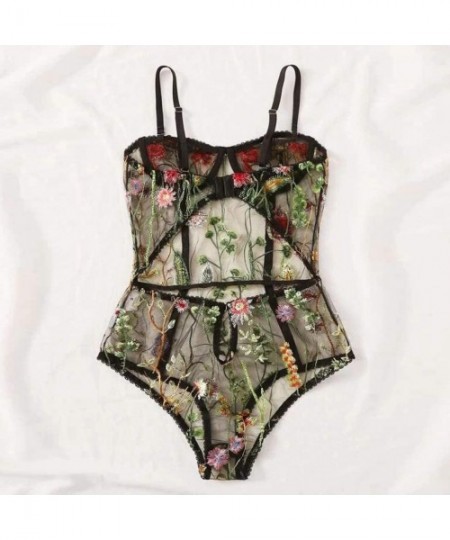 Bustiers & Corsets Sexy Lingerie Women Hollow Bodysuit Floral Embroidered Backless Jumpsuit Sleepwear - Black - C71968E27ID