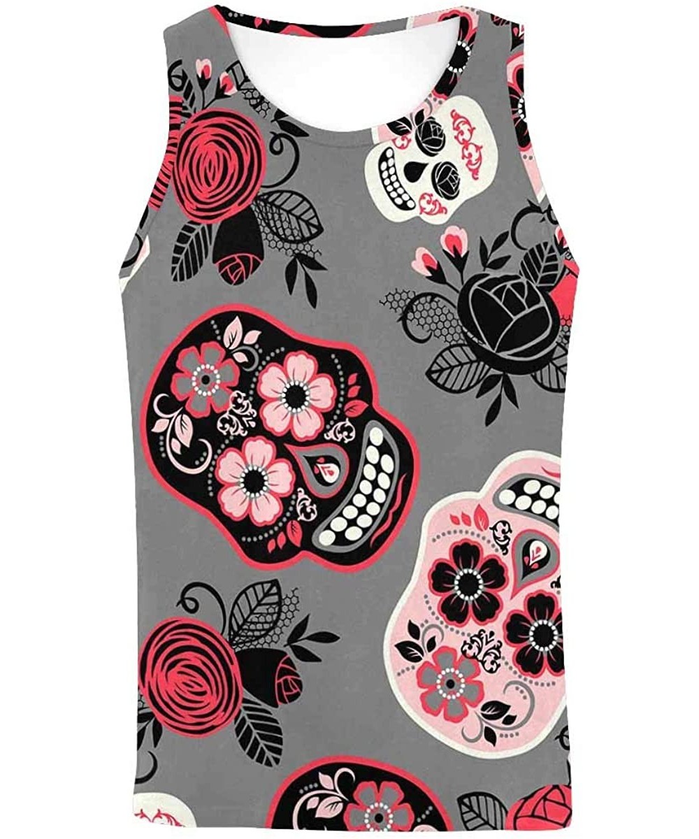 Undershirts Men's Muscle Gym Workout Training Sleeveless Tank Top Day of The Dead Skulls- Cats - Multi8 - CO19DLMHILN