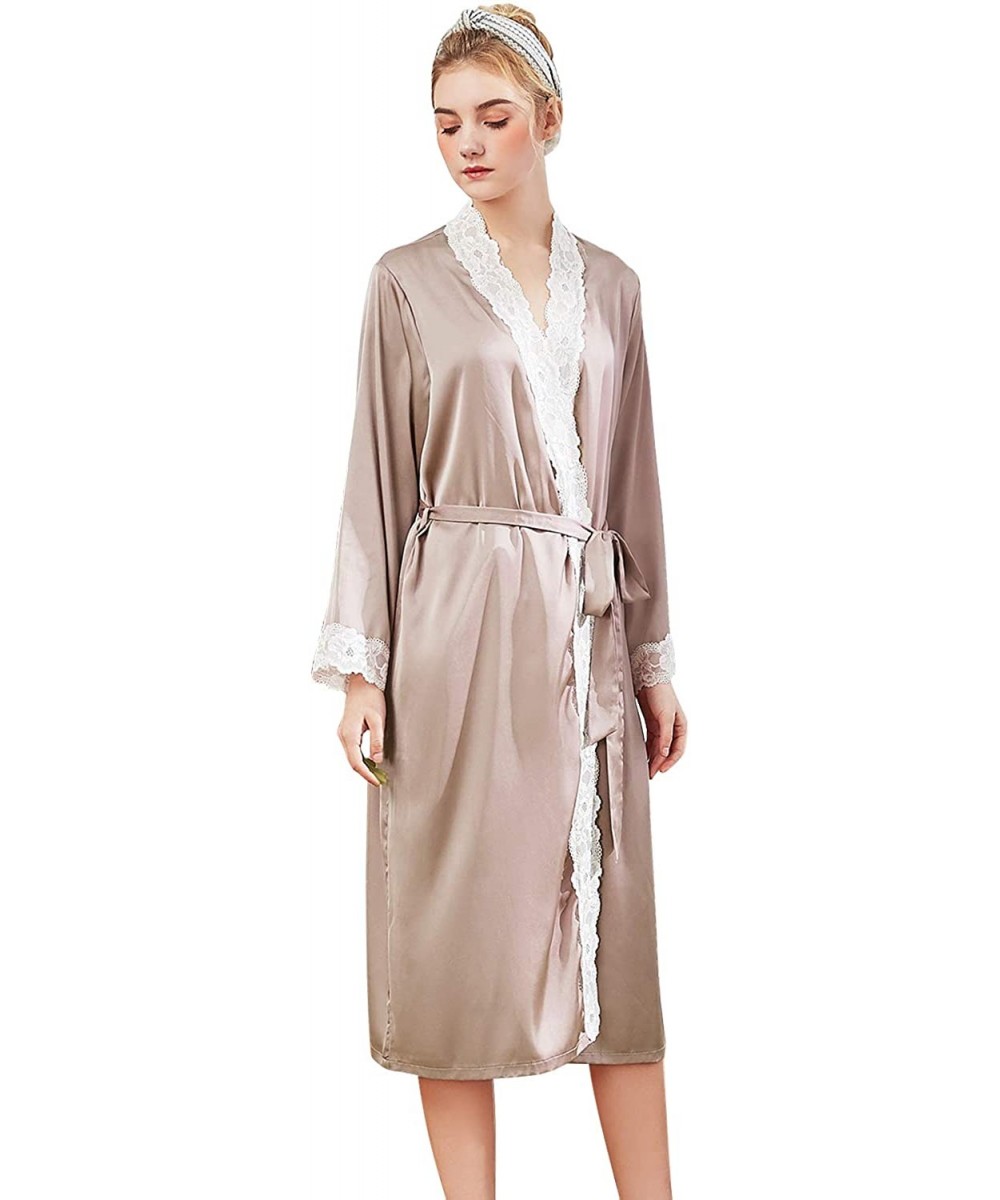 Robes Women's Lace Satin Silk Kimono Robe Long Bathrobe for Bridesmaid Wedding with Lace Trim - Camel - C418UIHAEHW