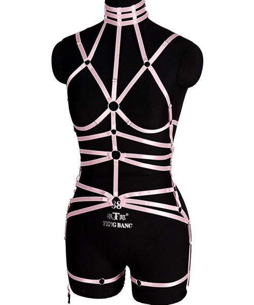 Garters & Garter Belts Women Full Body Harness Bralette Rave Punk Strap Hollow Out Waist Garter Belt - Pink - CZ197KQ5IMO