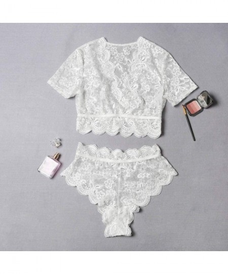 Robes Women's Lace Lingerie Bra and Panty Set Short Sleeve Babydoll Sleepwear Underwear Set Mini Teddy Outfits - White - CZ19...