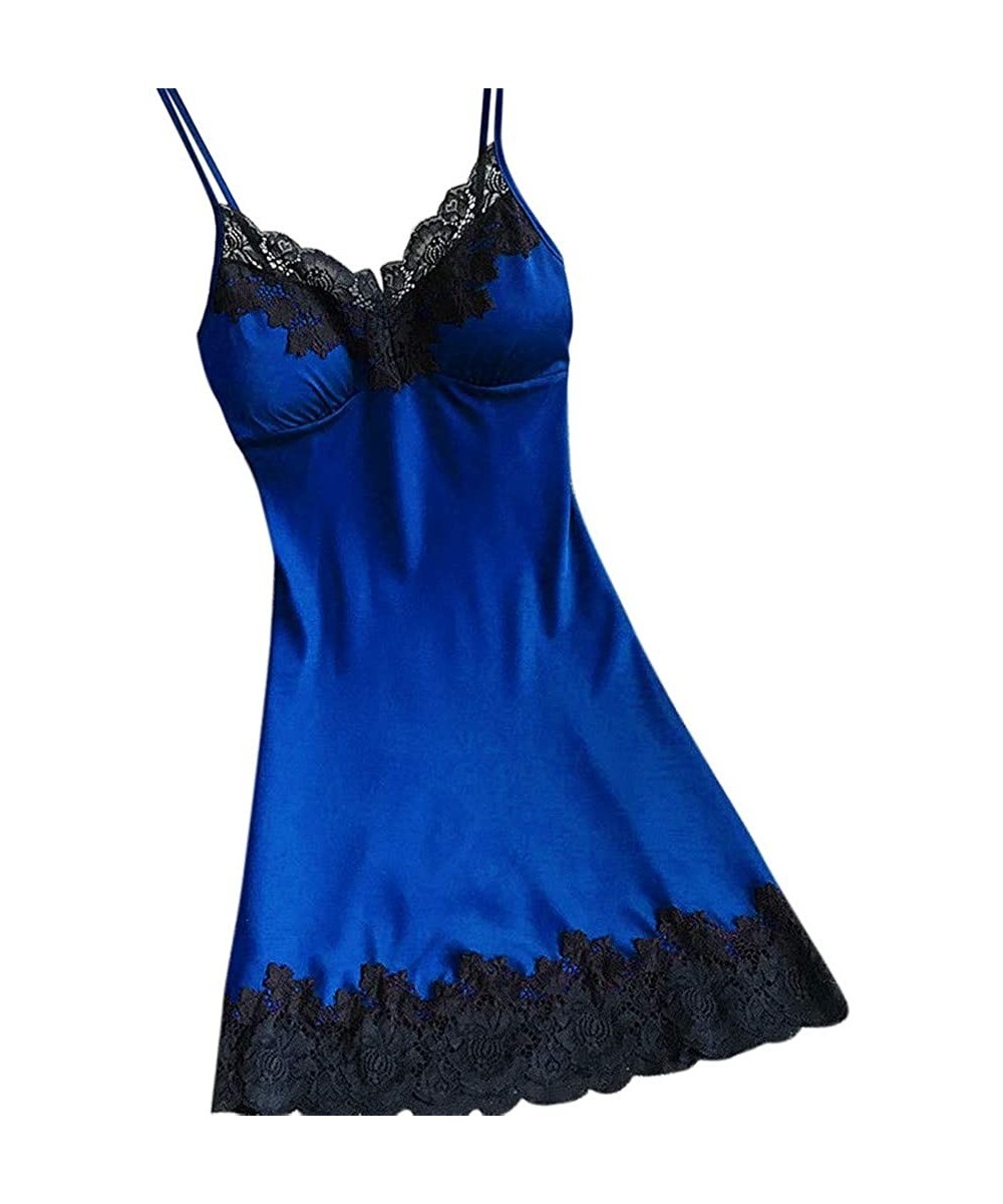 Baby Dolls & Chemises Satin Sleepwear Women Ladies Nightwear Nightdress Sexy Lingerie with Chest Pads - Blue - C9194S96XZH