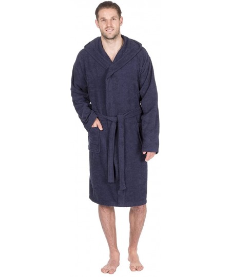 Robes Mens 100% Cotton Terry Towelling Hooded Robe/Dressing Gown - Navy - CN185NYY0XM