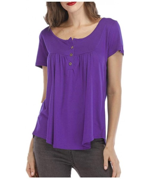 Thermal Underwear Women Shirts Casual Solid Color Blouse Short Sleeve Pleated Button Up Tunic Tops - Purple - CV197HZ67CR