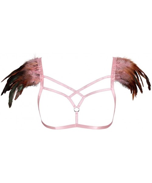 Accessories Women's Feather Breast Harness Epaulette Angel Wing Punk Open Body Breast Strappy Burning Rave Belts - Pink - CQ1...