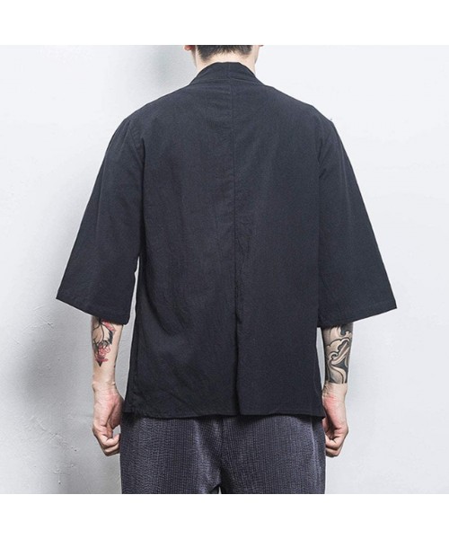 Robes Men's Cotton Summer Lightweight Open Front Cardigan Kimono Jacket Capes - 1805 Black - CF19CXOL3NC