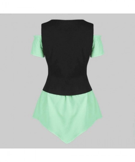 Shapewear Womens Tops Women Cold Shoulder Short Sleeve Shirt Lace Up Tops Blouse Waistcoat Set - Green - C018S5TM5UY