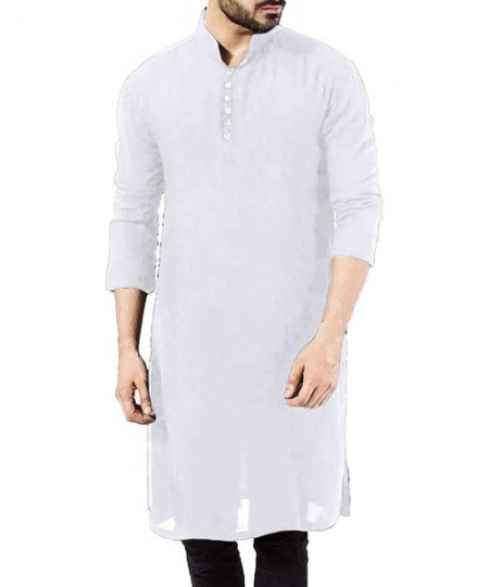 Sleep Tops Mens Kurta Henley Shirts Kaftan Thobe Longline T Shirts Long Sleeve Light Plain Gown Nightshirts Pajama - White - ...