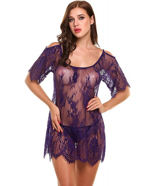 Baby Dolls & Chemises Women Sexy Lingerie Babydoll 3/4 Sleeve Sheer Lace Nightwear See Through Mesh Chemises Nightgown - Purp...