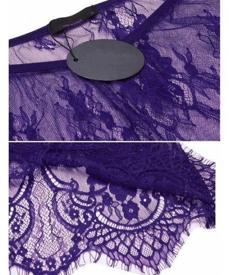 Baby Dolls & Chemises Women Sexy Lingerie Babydoll 3/4 Sleeve Sheer Lace Nightwear See Through Mesh Chemises Nightgown - Purp...