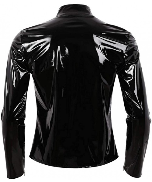 Undershirts Men's Shiny Metallic Leather Like Short Sleeve Mock Neck T Shirt Undershirt - Long Sleeve Black - CE1935HXWNA