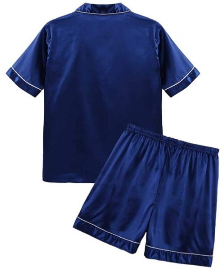 Sleep Sets Men's Silk Satin Pajamas Set Short Sleeve Top Shirt Casual Shorts Sleepwear - Navy Blue - CC199HQTI7I