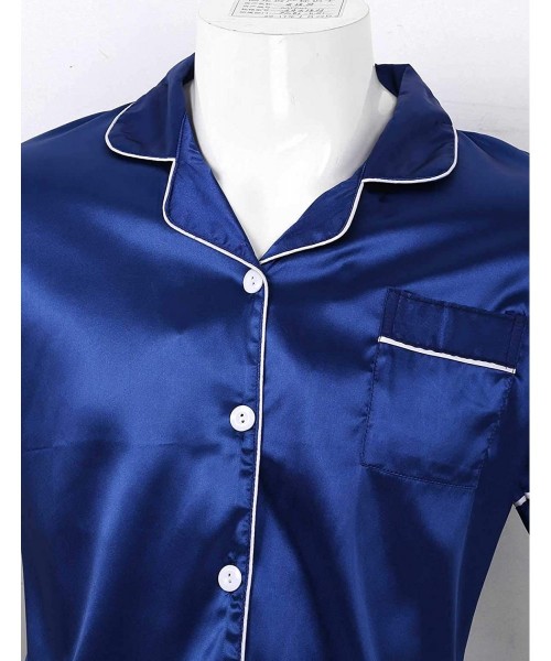 Sleep Sets Men's Silk Satin Pajamas Set Short Sleeve Top Shirt Casual Shorts Sleepwear - Navy Blue - CC199HQTI7I