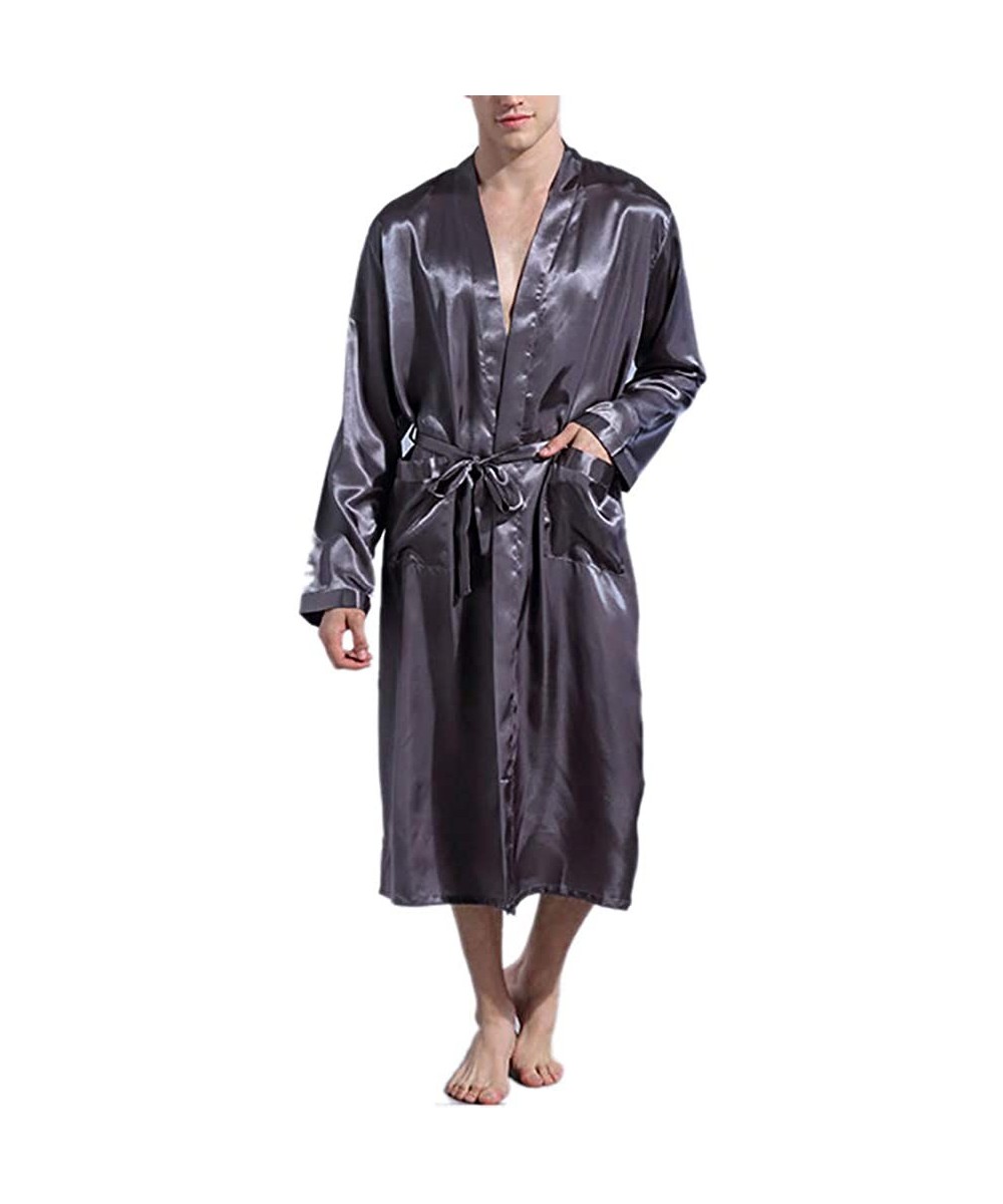 Robes Mens Satin Robe Silk Long Sleeve Kimono Spa Bathrobe Sleepwear Loungewear - Grey - CB18UDH0642