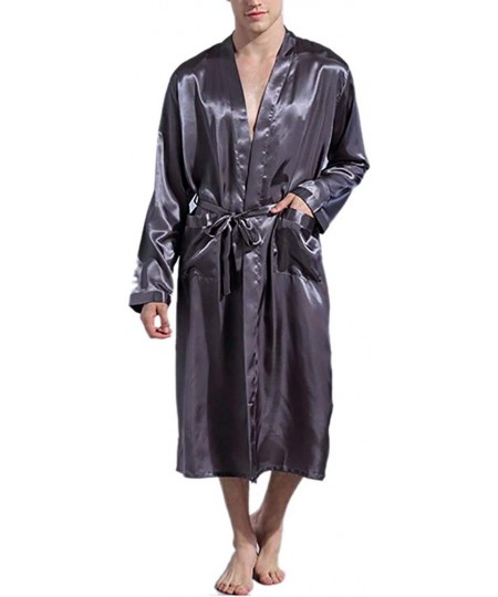 Robes Mens Satin Robe Silk Long Sleeve Kimono Spa Bathrobe Sleepwear Loungewear - Grey - CB18UDH0642