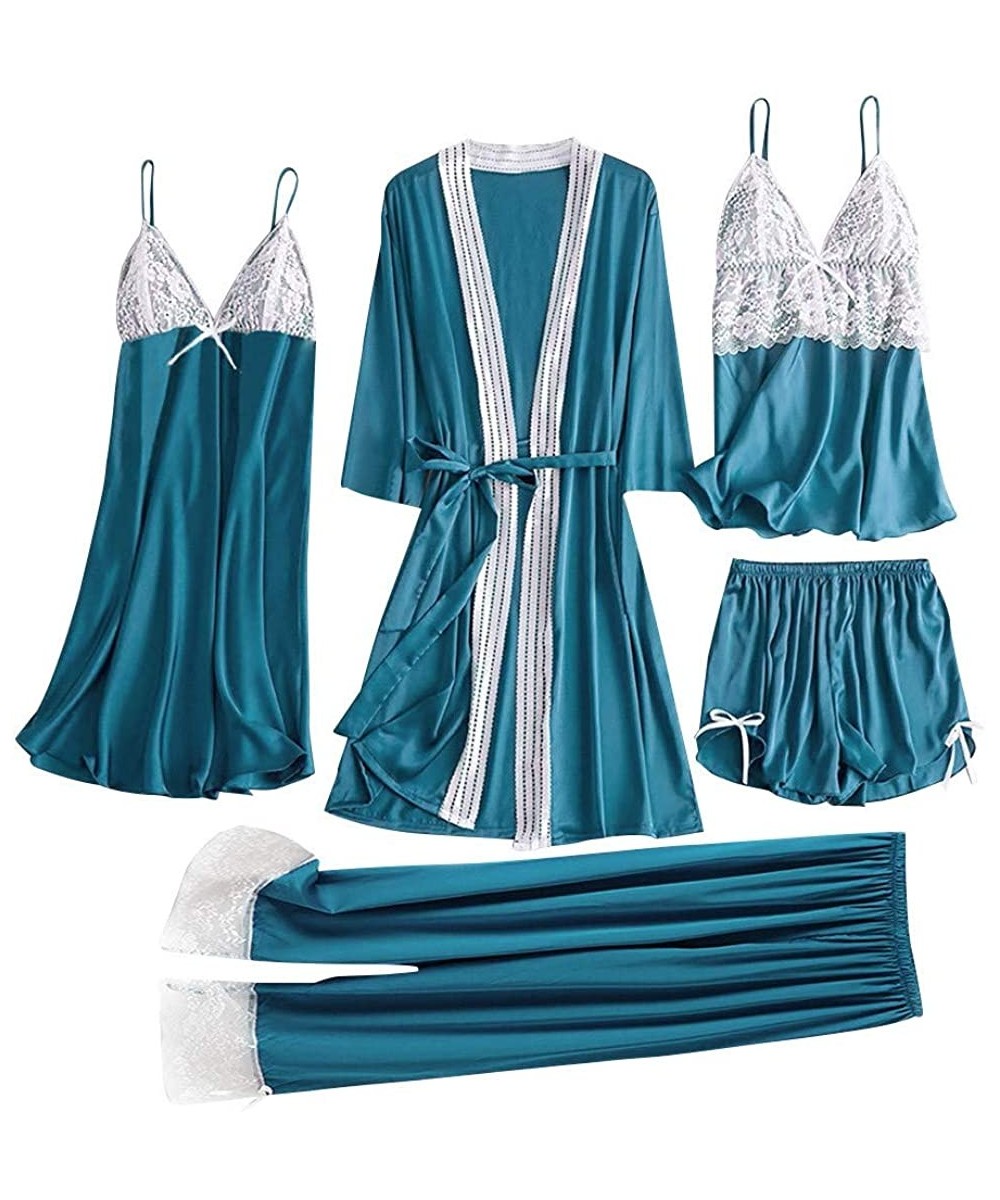 Tops 5Pcs Women Satin Lace Simulation Silk Pajamas Set Camisole Trousers Shorts Nightdress Robe Pajamas Lingerie Light Blue -...