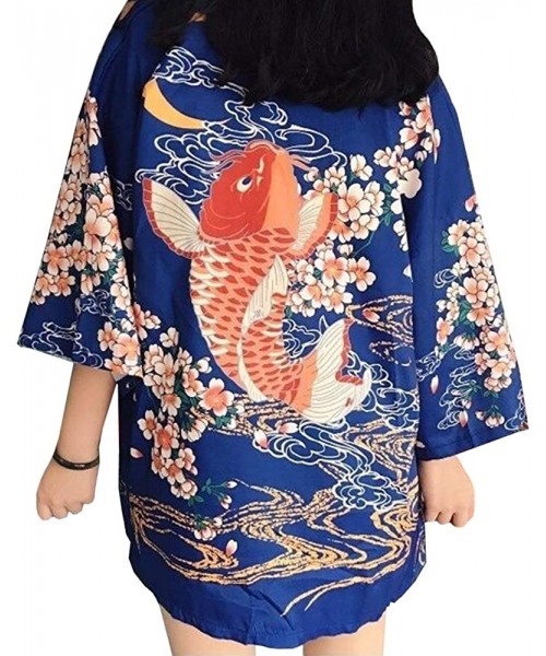 Robes Women Japanese Kimono Cardigan 3/4 Sleeves Loose Kimono Robe Vintage Dragon Yukata Outwear Summer Casual Top - Red Fish...