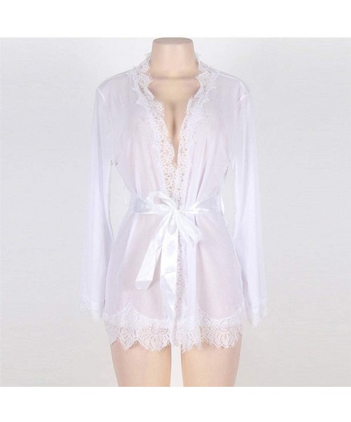 Nightgowns & Sleepshirts Deep V Lace Sheer Dressing Gowns for Women Long Sleeve Sashes Ladies Sleepwear Lace Lingerie Sheer M...