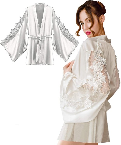 Robes Women's Lace 3D Flower Long Sleeve Bride Bridesmaids Robe Satin Wedding Kimono - White - CF193WCXYIR