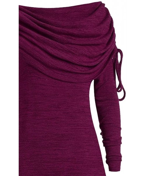 Tops Plus Size Women Fashion Solid Ruched Long Foldover Collar Tunic Top Blouse - Purple - CS18YCXKARI
