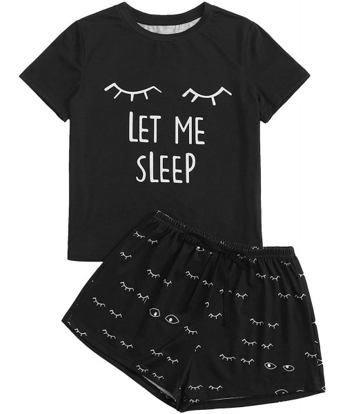 Sets Women's Sleepwear Closed Eyes Print Tee and Shorts Pajama Set - Black - CL18THCH4QX