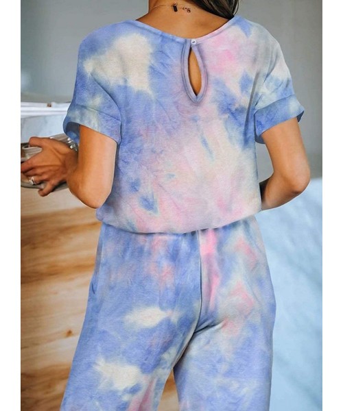 Sets Womens Tie Dye Printed One Piece Long Pajamas Keyhole Short Sleeve Casual Jumpsuit Loungewear Nightwear Multicolored - C...