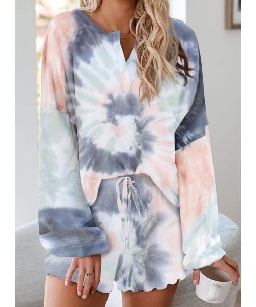 Sets 2020 Women Tie Dye 1/4 Button Long Sleeve Pajama Sets Ruffle Sleepwear Front Drawstring Nightwear Loungewear - Multicolo...