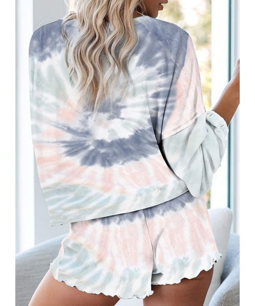 Sets 2020 Women Tie Dye 1/4 Button Long Sleeve Pajama Sets Ruffle Sleepwear Front Drawstring Nightwear Loungewear - Multicolo...