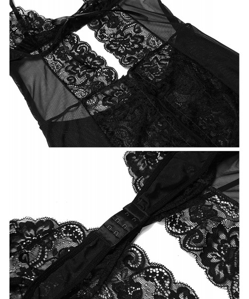 Baby Dolls & Chemises Women V-Neck Lace Babydoll Mesh Sexy Lingerie Dress Nightwear - 2-black - CS186LIU98K