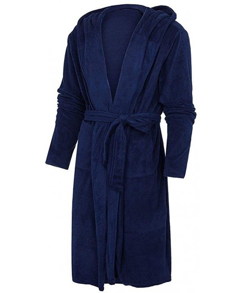 Robes Womens Fleece Robe Plush Soft Warm Long Hooded Bathrobe Kimono Loungewear Robe Housecoat - Dark Blue - CC18NHUXRHM