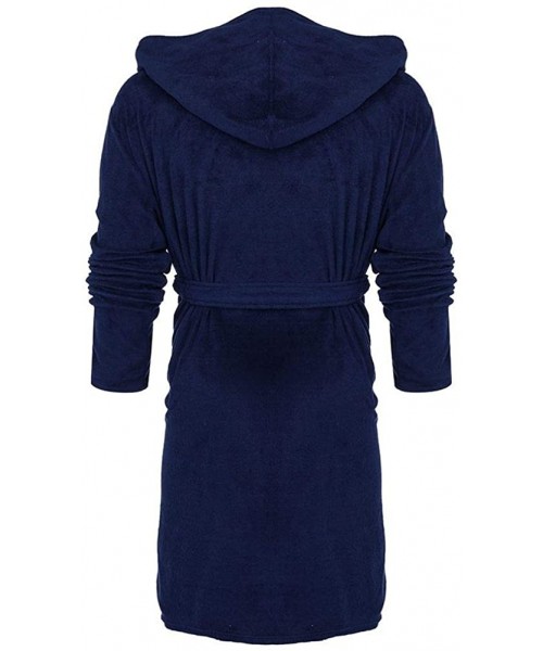 Robes Womens Fleece Robe Plush Soft Warm Long Hooded Bathrobe Kimono Loungewear Robe Housecoat - Dark Blue - CC18NHUXRHM