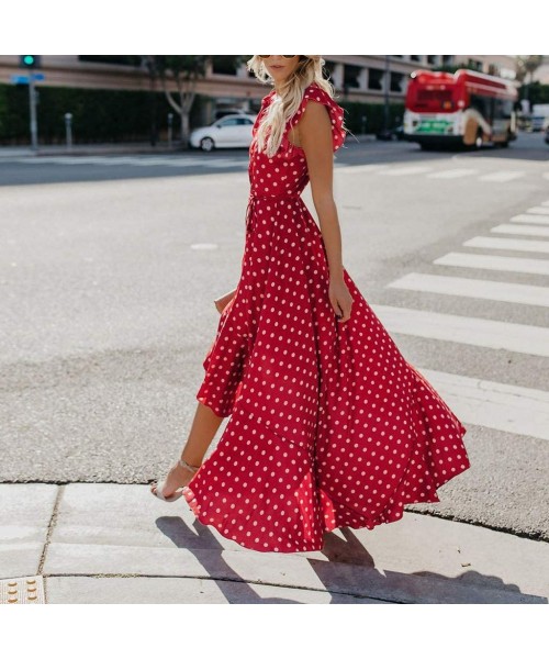 Camisoles & Tanks Dress & Tops- Womens Dots Boho Mini Dress Lady Beach Sundrss Maxi Dress - Red - CT18O7H4O2C